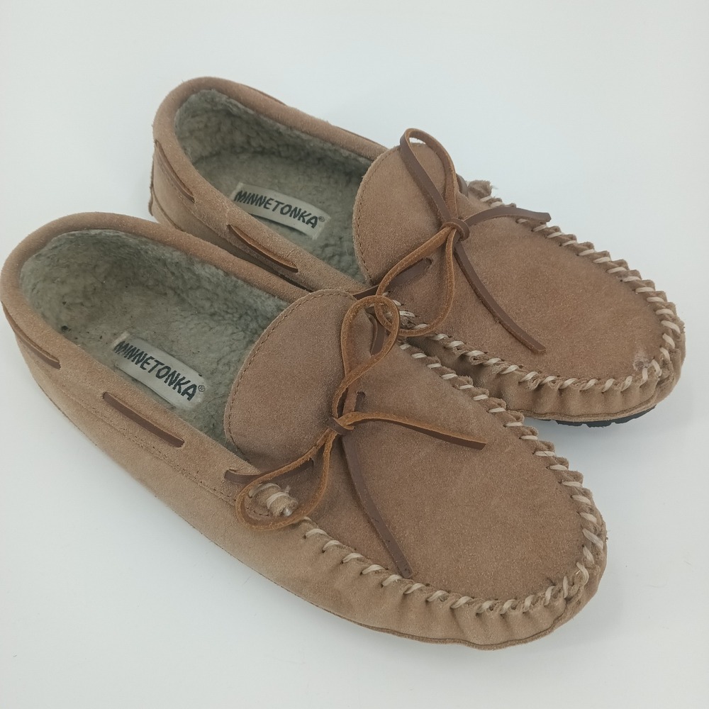 Minnetonka Cally Womens Tan Leather Suede Faux Fur Moccasin Slippers 4154 Sz 10M